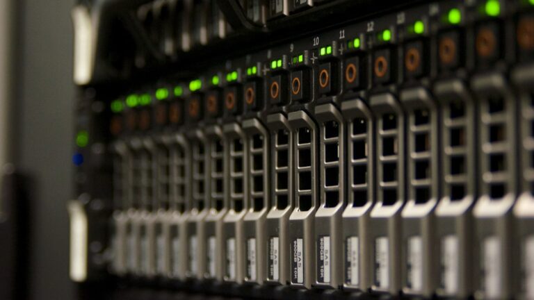 Server rack with blinking green status lights